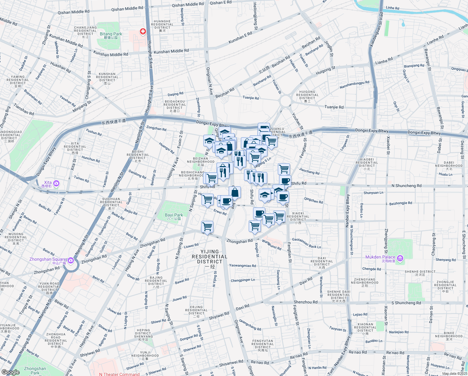map of restaurants, bars, coffee shops, grocery stores, and more near in Shenyang
