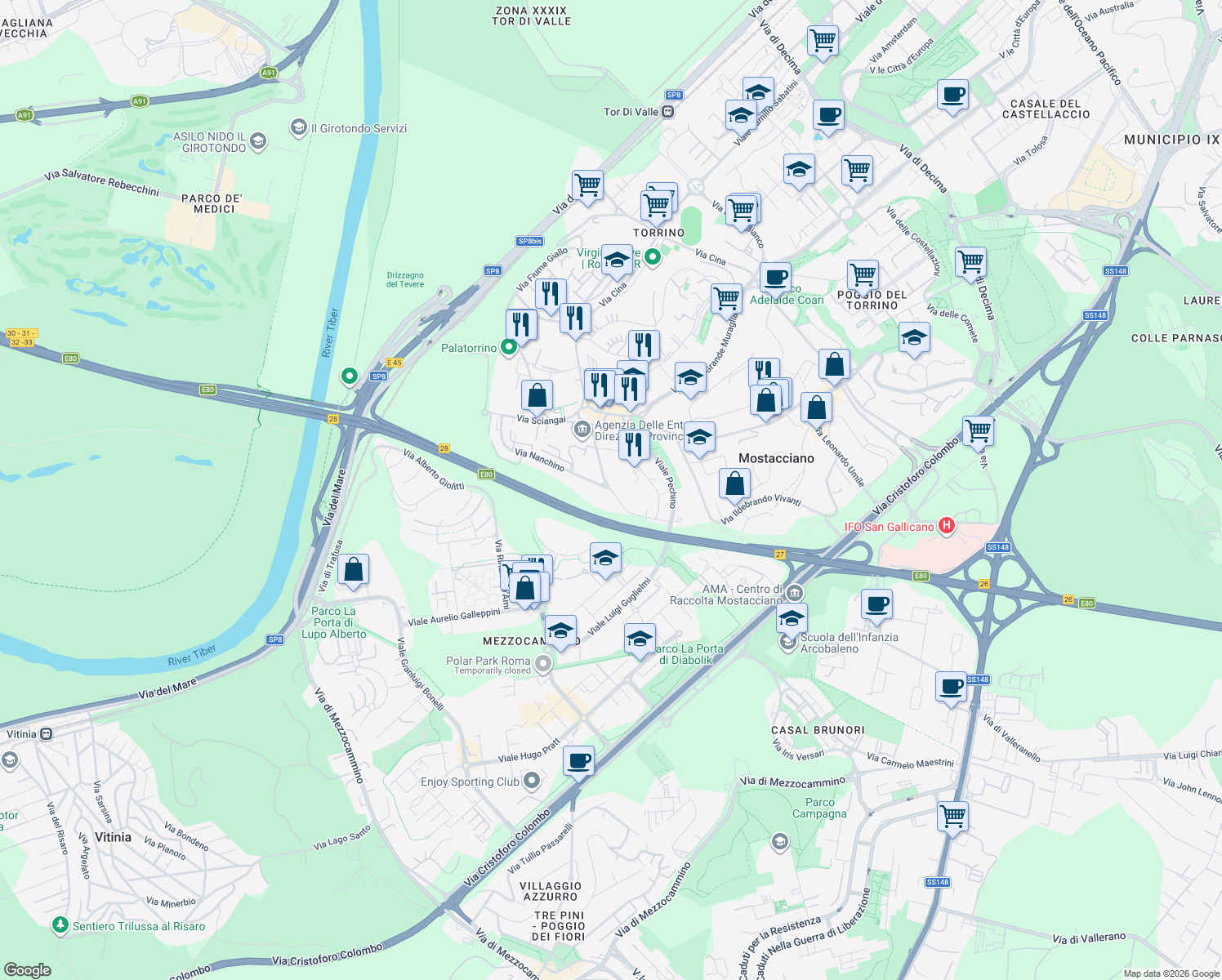 map of restaurants, bars, coffee shops, grocery stores, and more near 103 Via Canton in Rome