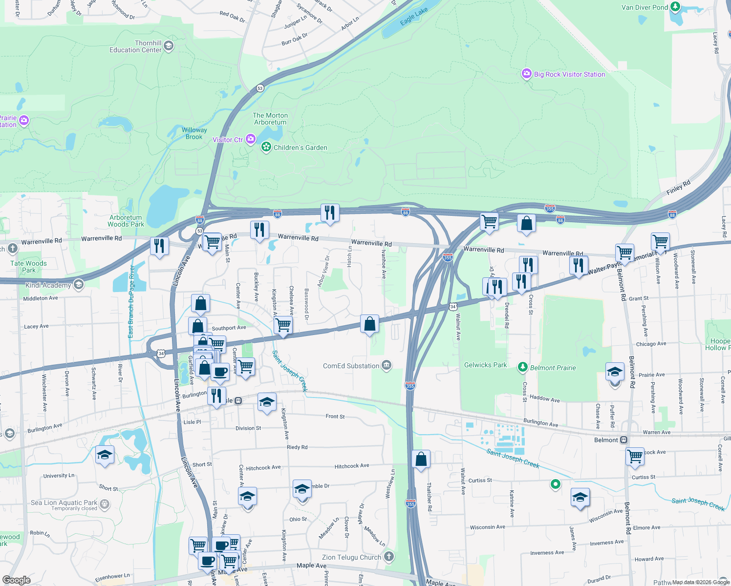 map of restaurants, bars, coffee shops, grocery stores, and more near 4511 Hatch Lane in Lisle