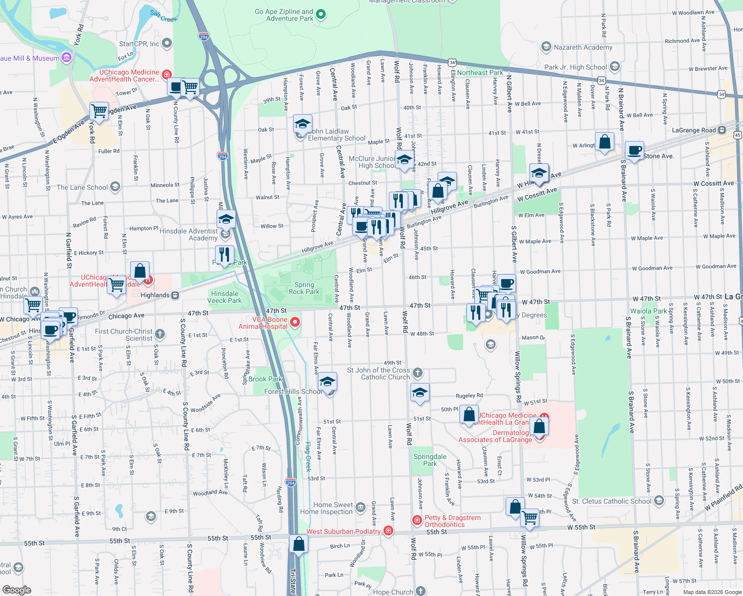 map of restaurants, bars, coffee shops, grocery stores, and more near 4633 Grand Avenue in Western Springs