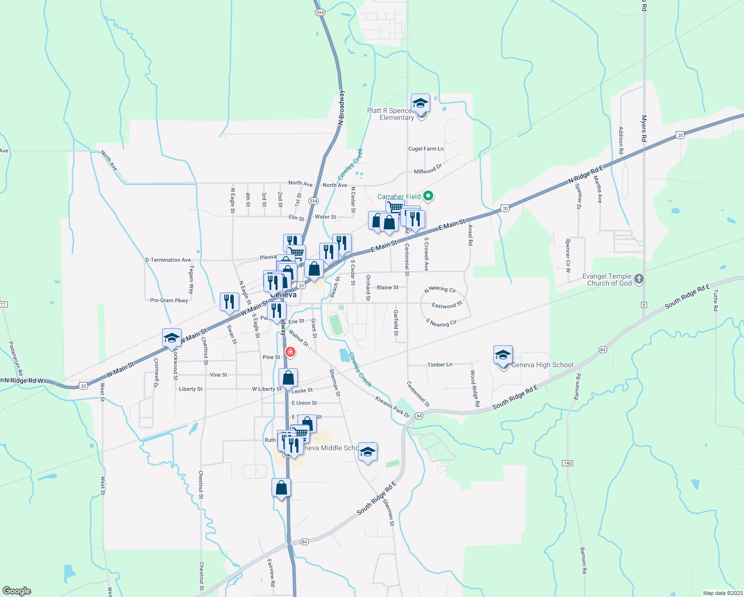 map of restaurants, bars, coffee shops, grocery stores, and more near 415 Eastwood St in Geneva