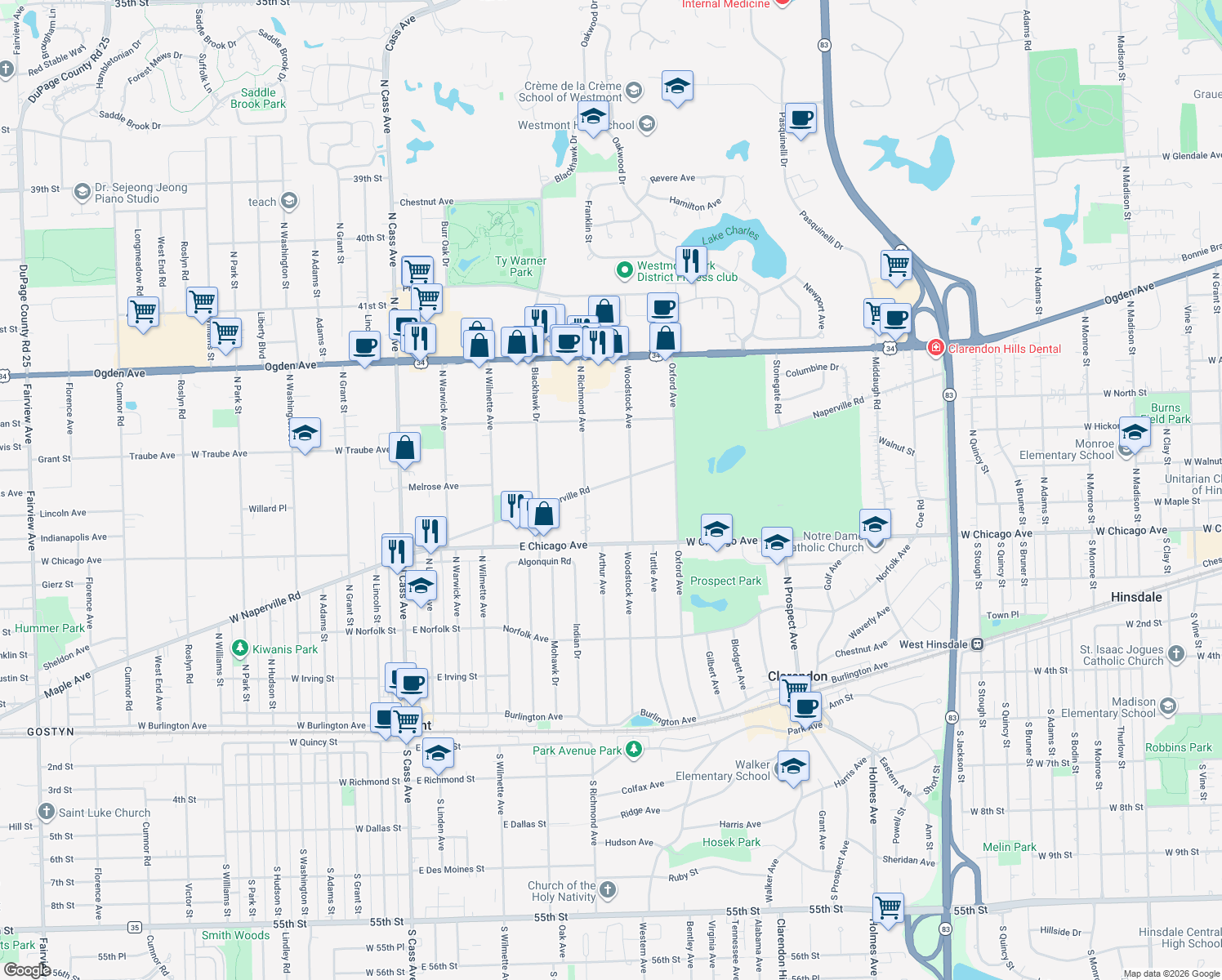 map of restaurants, bars, coffee shops, grocery stores, and more near 435 East Naperville Road in Clarendon Hills