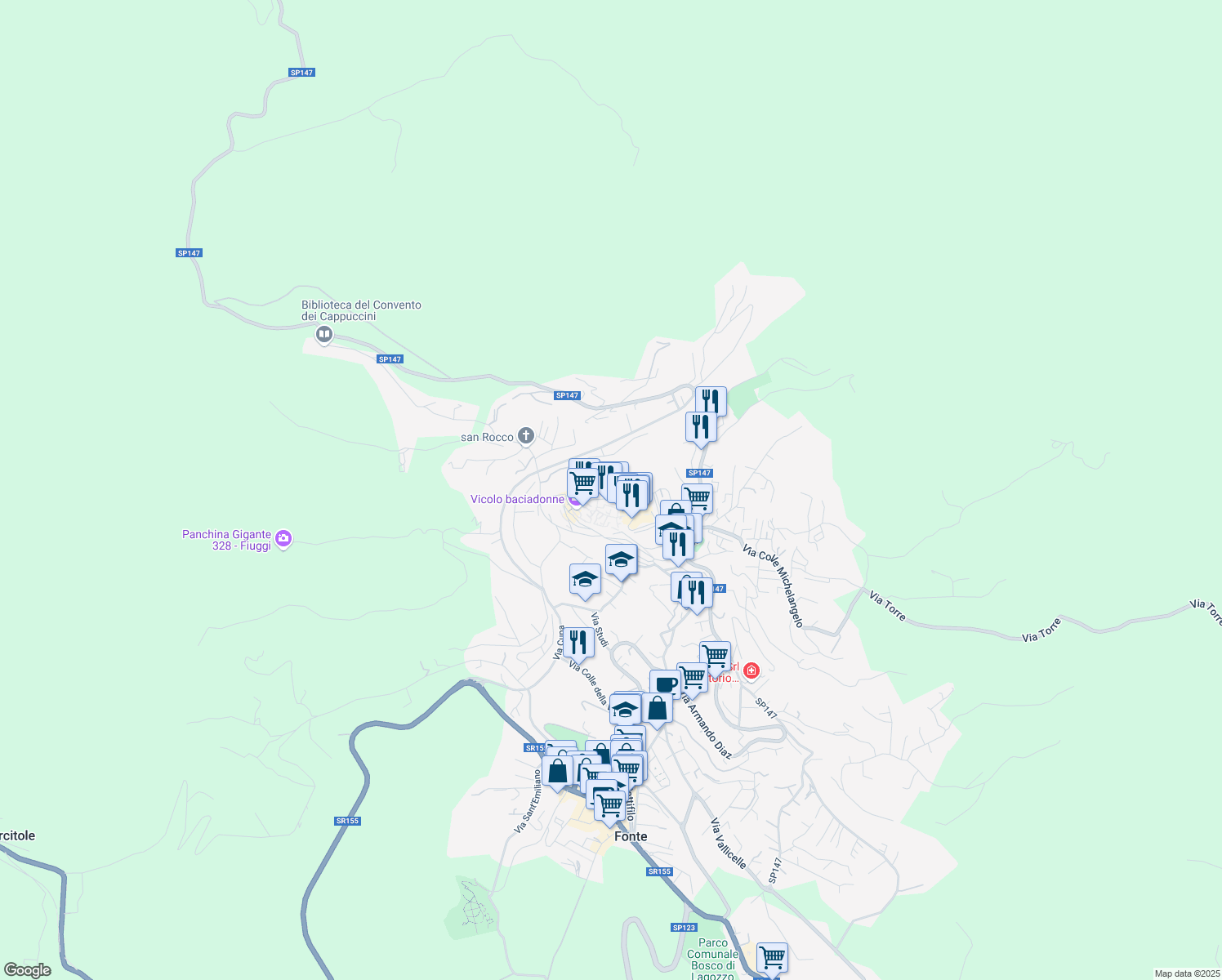 map of restaurants, bars, coffee shops, grocery stores, and more near Via Giovanni Giolitti in Fiuggi