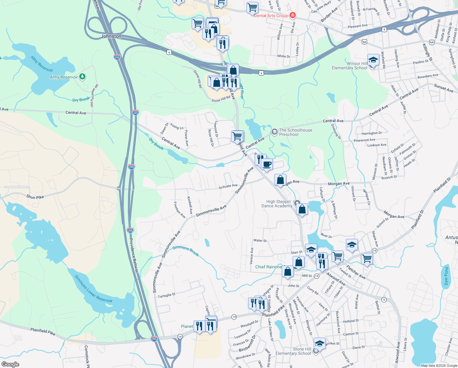 map of restaurants, bars, coffee shops, grocery stores, and more near 65 Scituate Ave in Johnston
