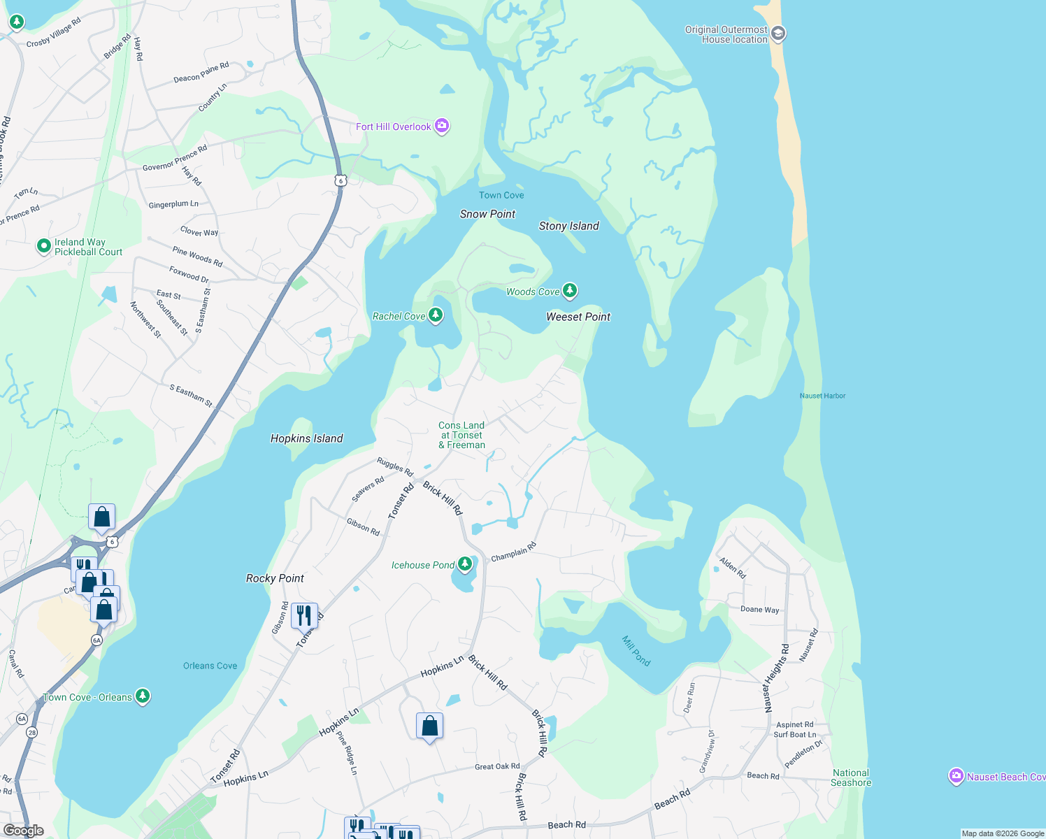 map of restaurants, bars, coffee shops, grocery stores, and more near 343 Tonset Rd in Orleans