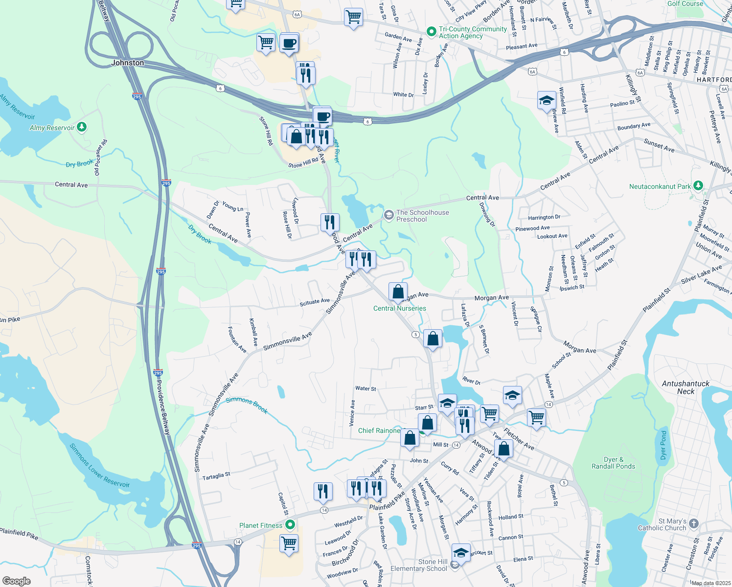map of restaurants, bars, coffee shops, grocery stores, and more near 20 Scituate Ave in Johnston