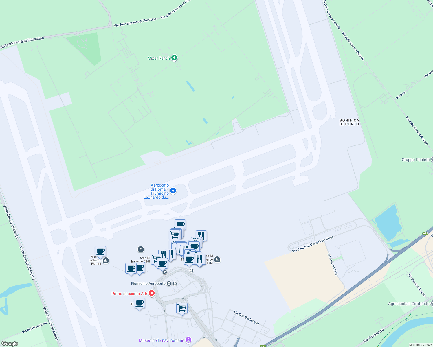 map of restaurants, bars, coffee shops, grocery stores, and more near Via L.Da Vinci in Città metropolitana di Roma Capitale