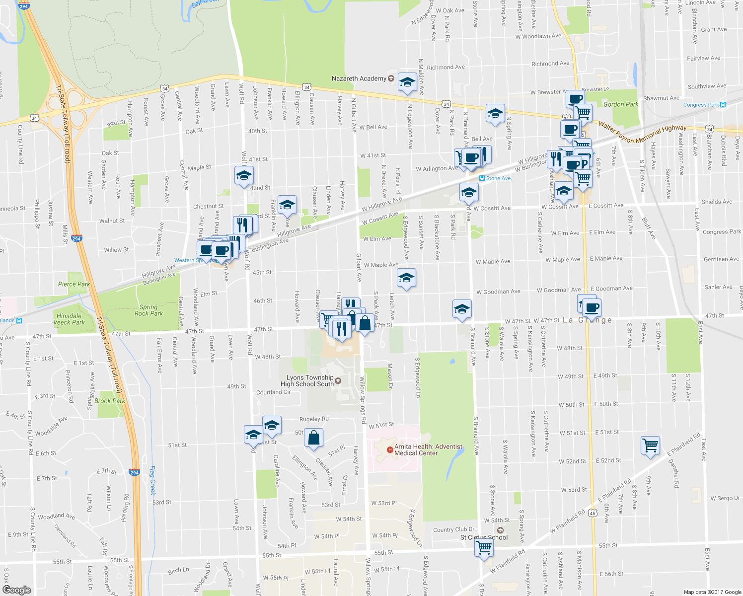 map of restaurants, bars, coffee shops, grocery stores, and more near 400 South Peck Avenue in La Grange