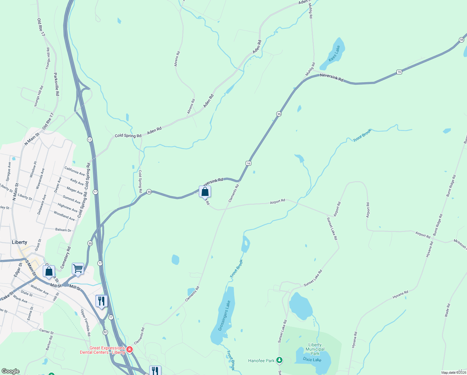 map of restaurants, bars, coffee shops, grocery stores, and more near 305 Clements Road in Liberty