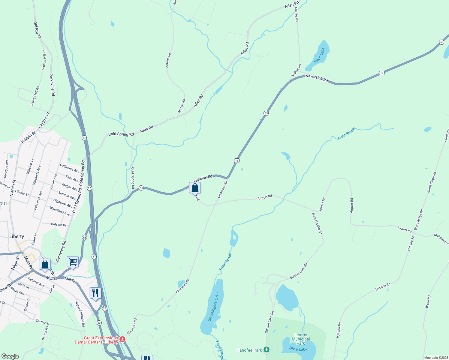 map of restaurants, bars, coffee shops, grocery stores, and more near 305 Clements Road in Liberty