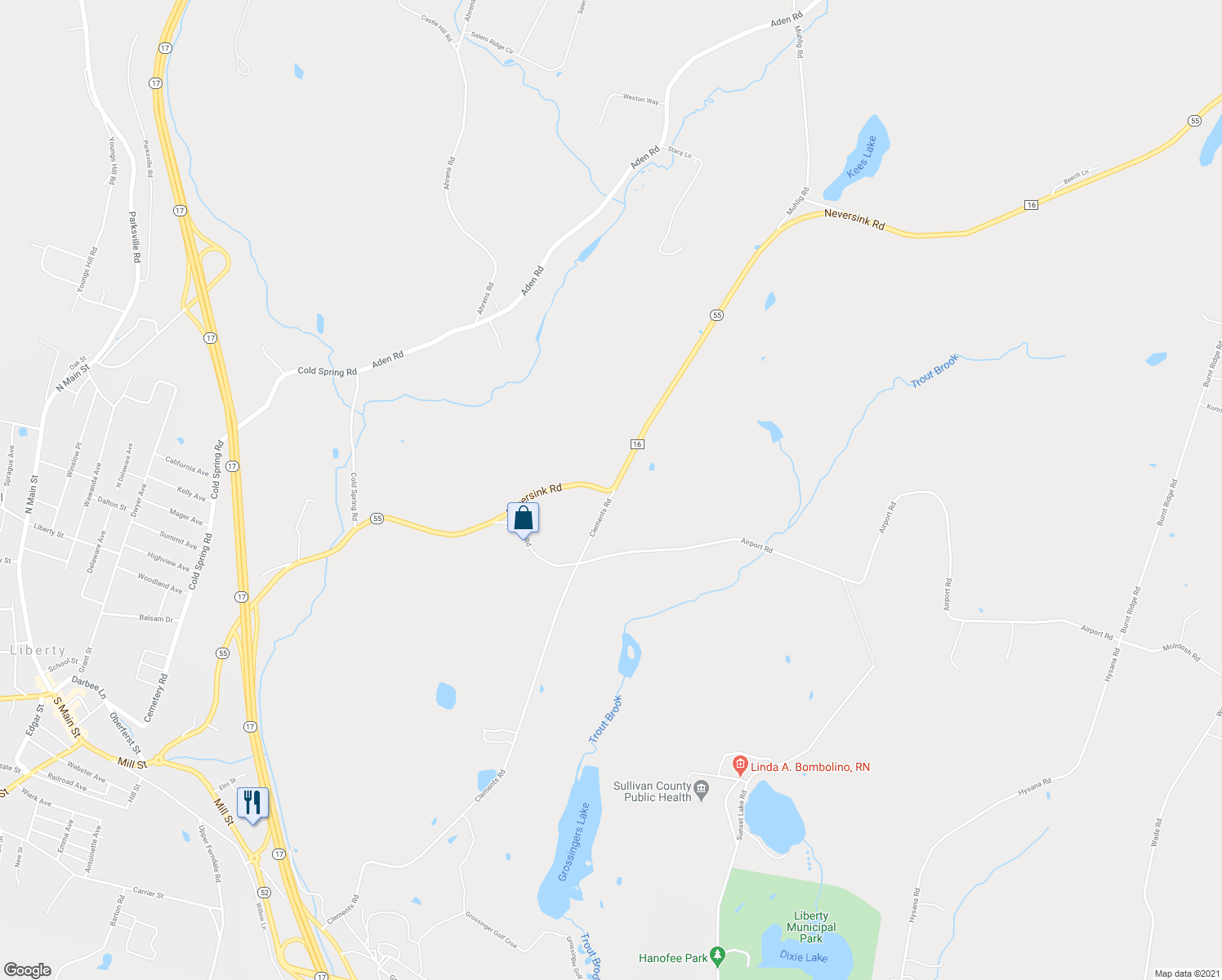 map of restaurants, bars, coffee shops, grocery stores, and more near 6017 Neversink Road in Liberty