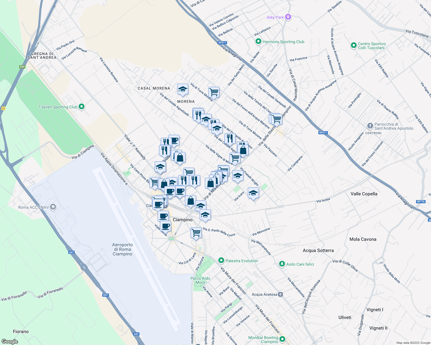 map of restaurants, bars, coffee shops, grocery stores, and more near 25 Via Giosuè Carducci in Ciampino