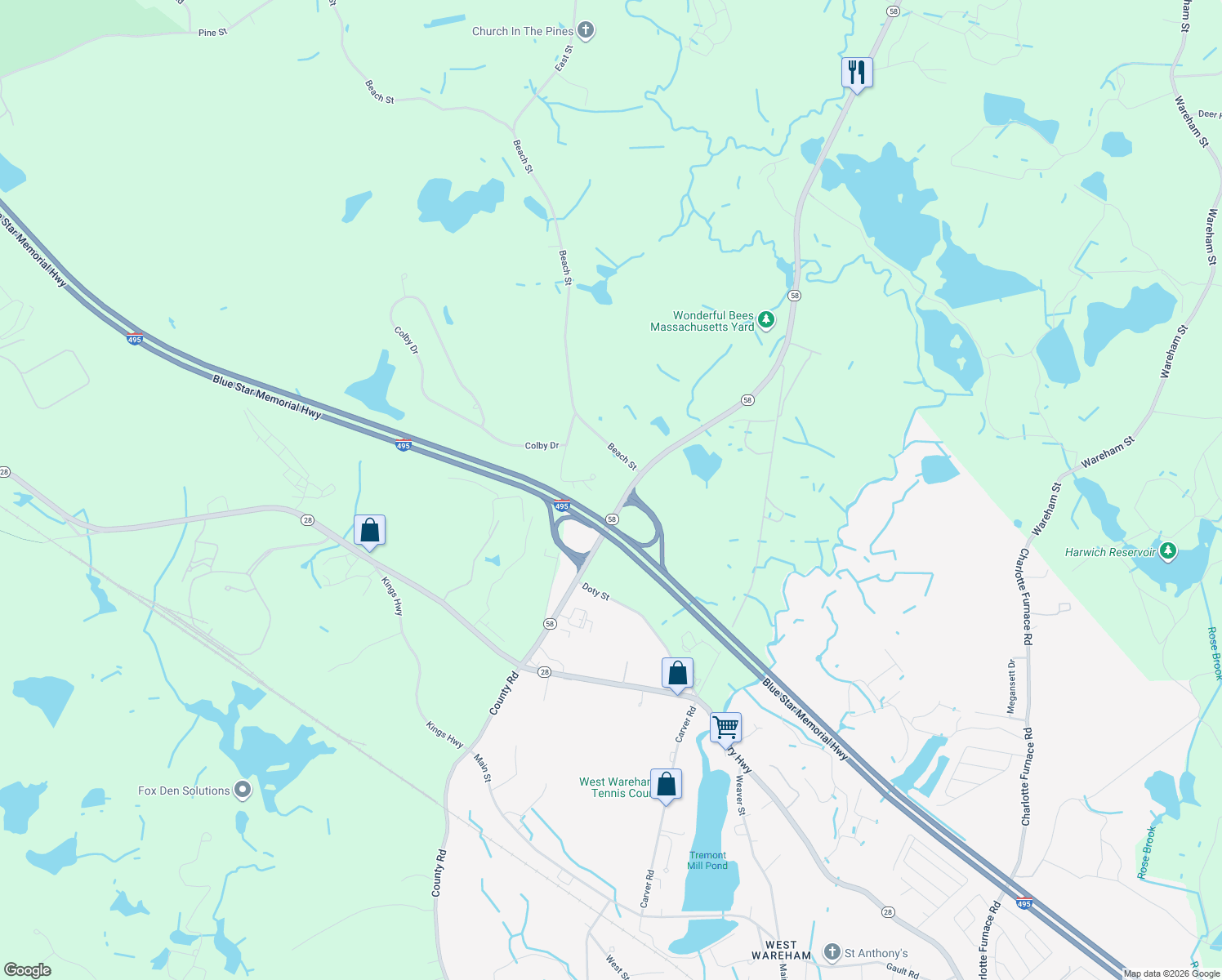 map of restaurants, bars, coffee shops, grocery stores, and more near 7 Byrne Circle in Wareham