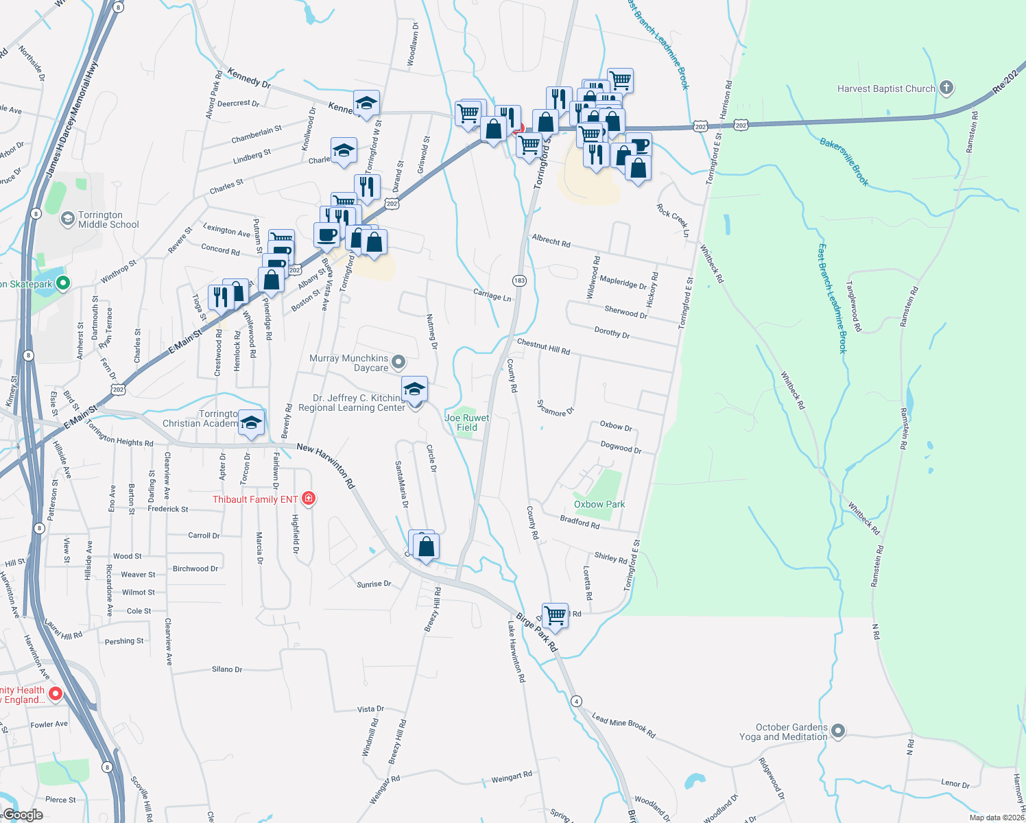 map of restaurants, bars, coffee shops, grocery stores, and more near 140 County Rd in Torrington