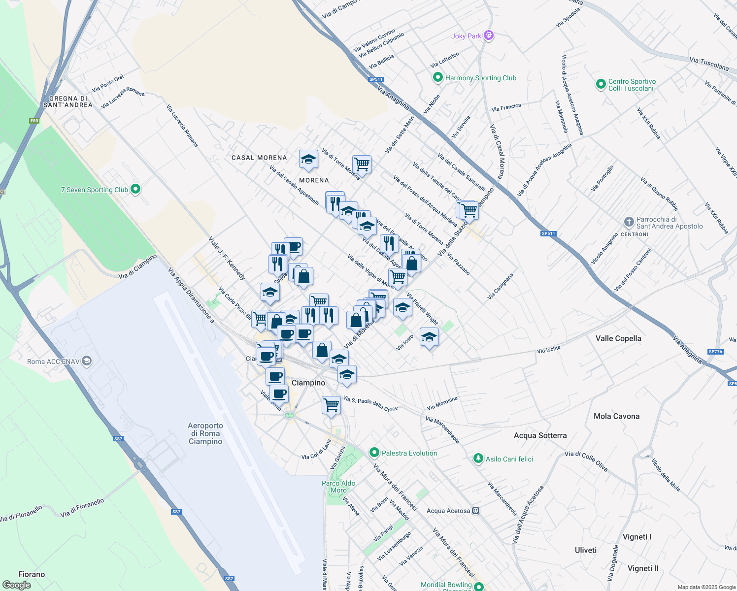 map of restaurants, bars, coffee shops, grocery stores, and more near 25 Via Giosuè Carducci in Ciampino