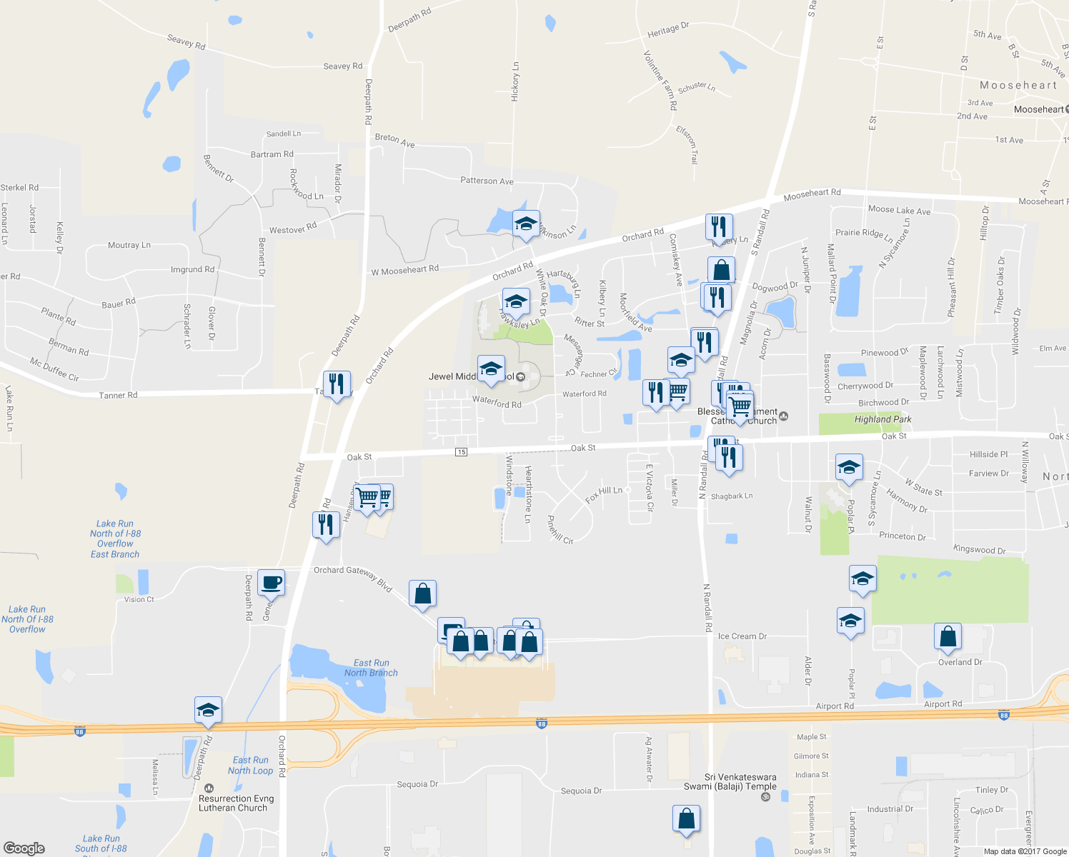 map of restaurants, bars, coffee shops, grocery stores, and more near 1478 Westbury Circle in North Aurora