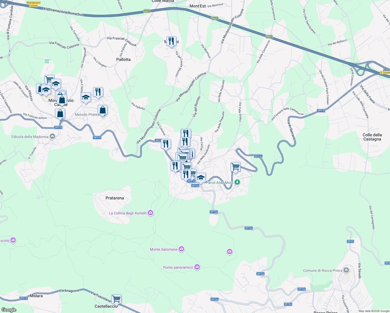 map of restaurants, bars, coffee shops, grocery stores, and more near 17 Piazza del Duomo in Montecompatri