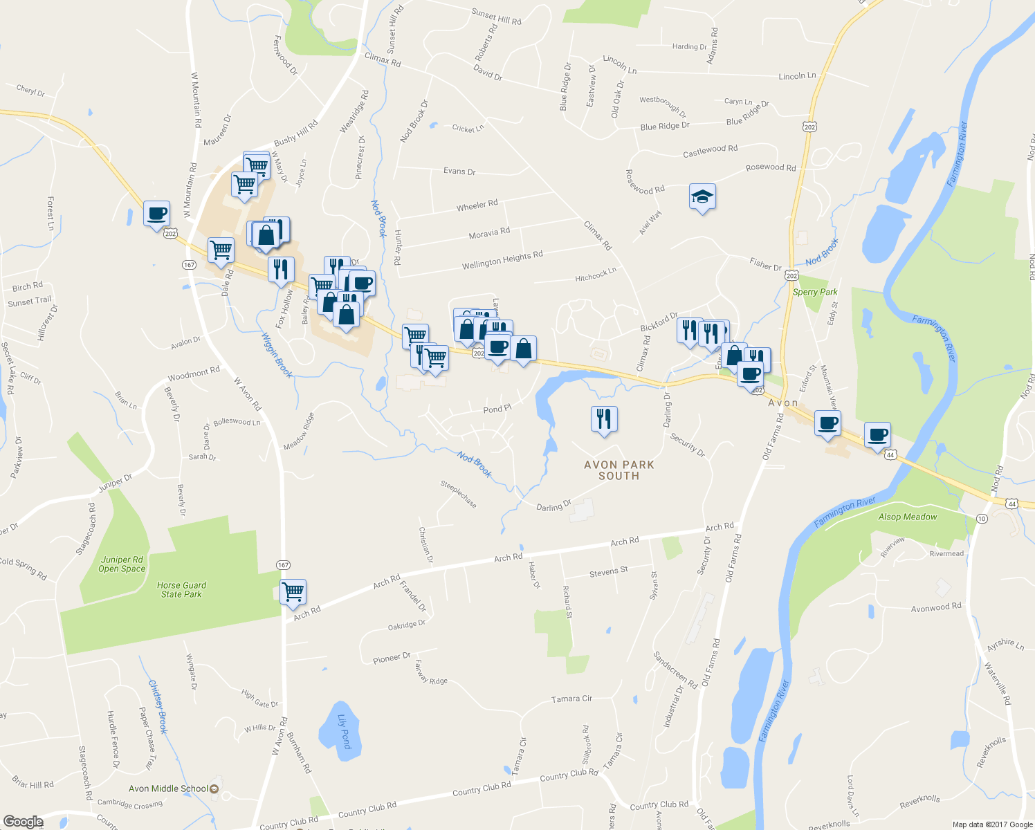 map of restaurants, bars, coffee shops, grocery stores, and more near 8 Owl Court in Avon