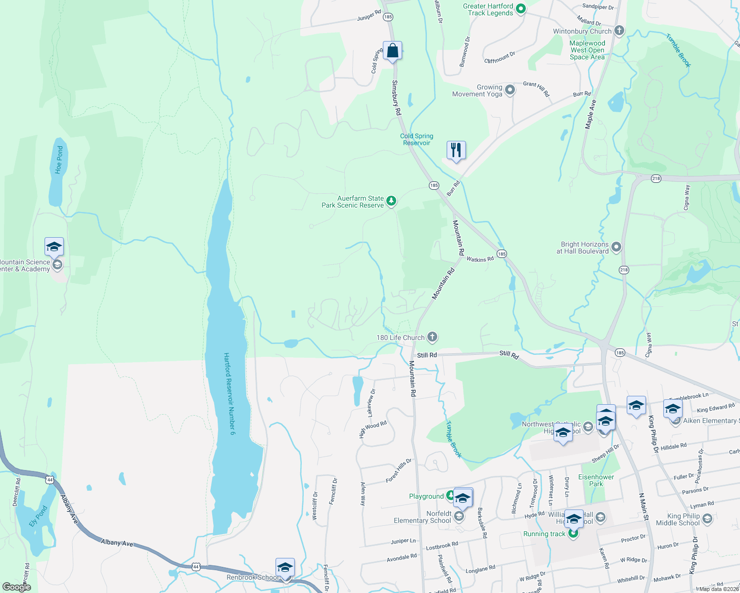 map of restaurants, bars, coffee shops, grocery stores, and more near 99 Cary Lane in Bloomfield