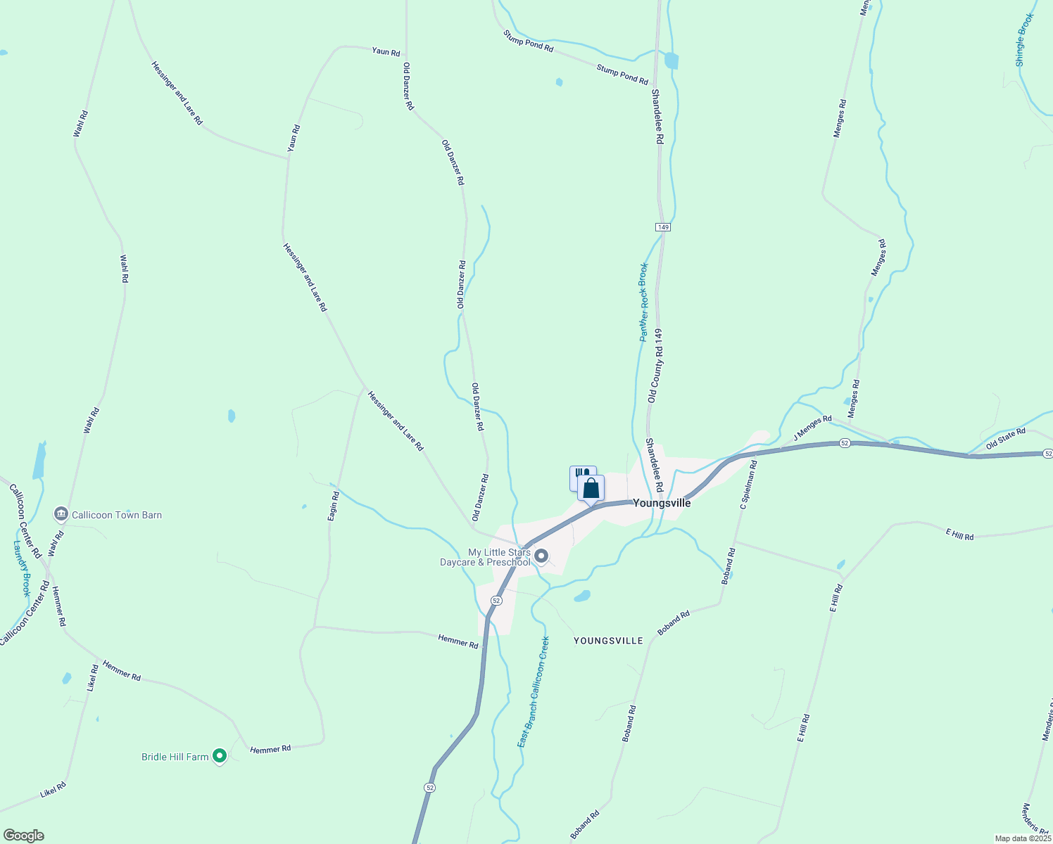 map of restaurants, bars, coffee shops, grocery stores, and more near 54 Old Danzer Road in Livingston Manor
