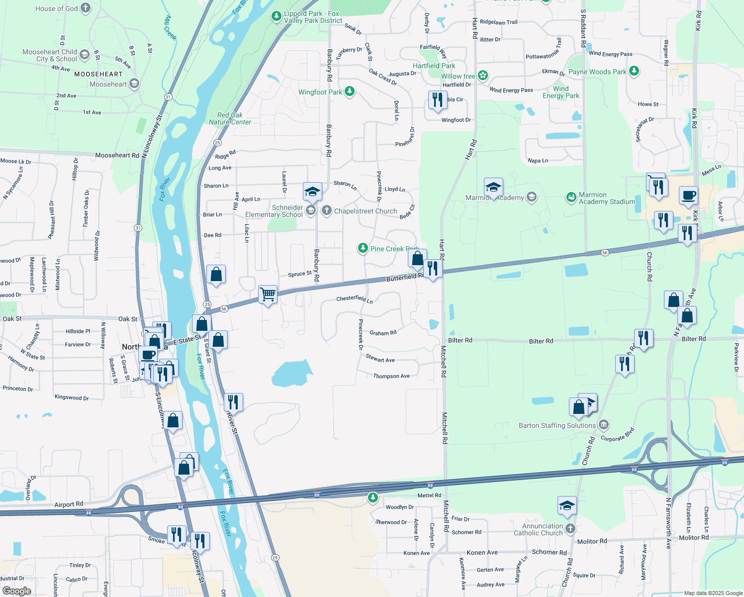 map of restaurants, bars, coffee shops, grocery stores, and more near 609 Chesterfield Lane in North Aurora
