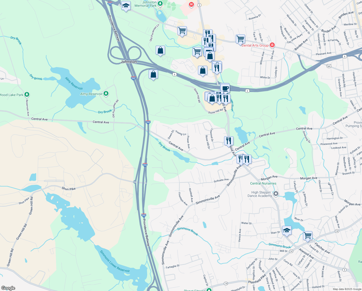 map of restaurants, bars, coffee shops, grocery stores, and more near 579 Central Ave in Johnston