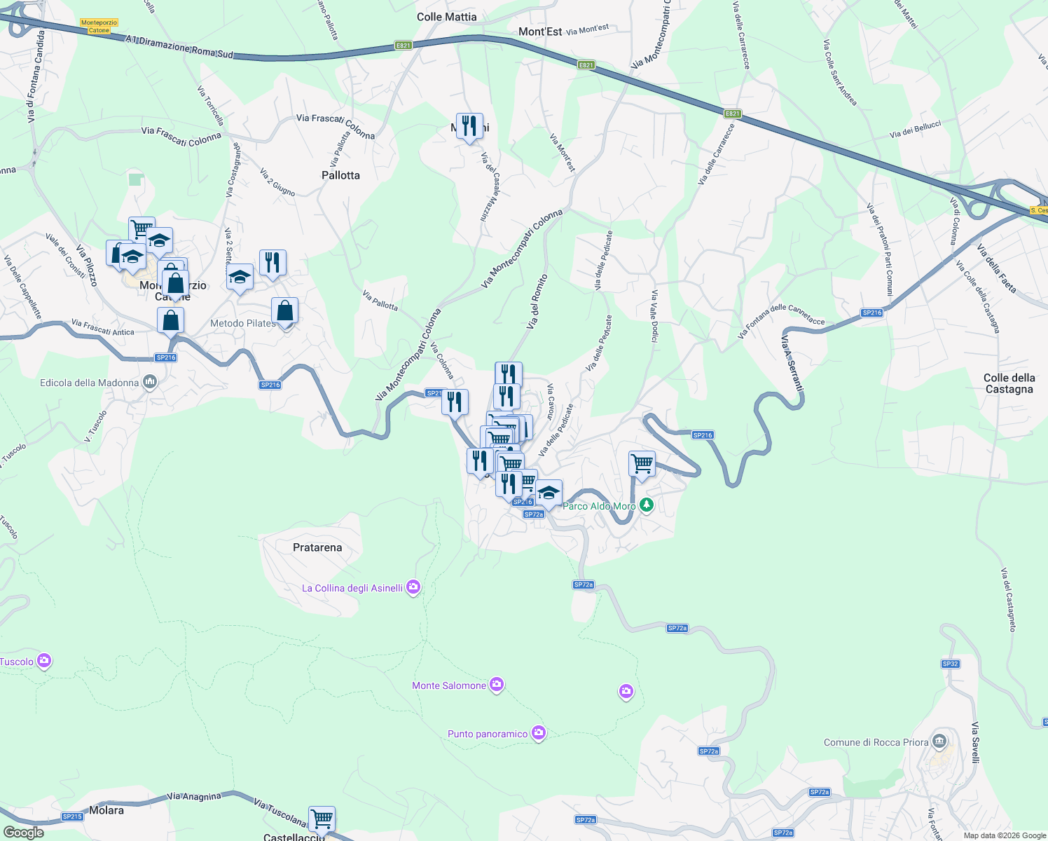 map of restaurants, bars, coffee shops, grocery stores, and more near 17 Piazza del Duomo in Monte Compatri