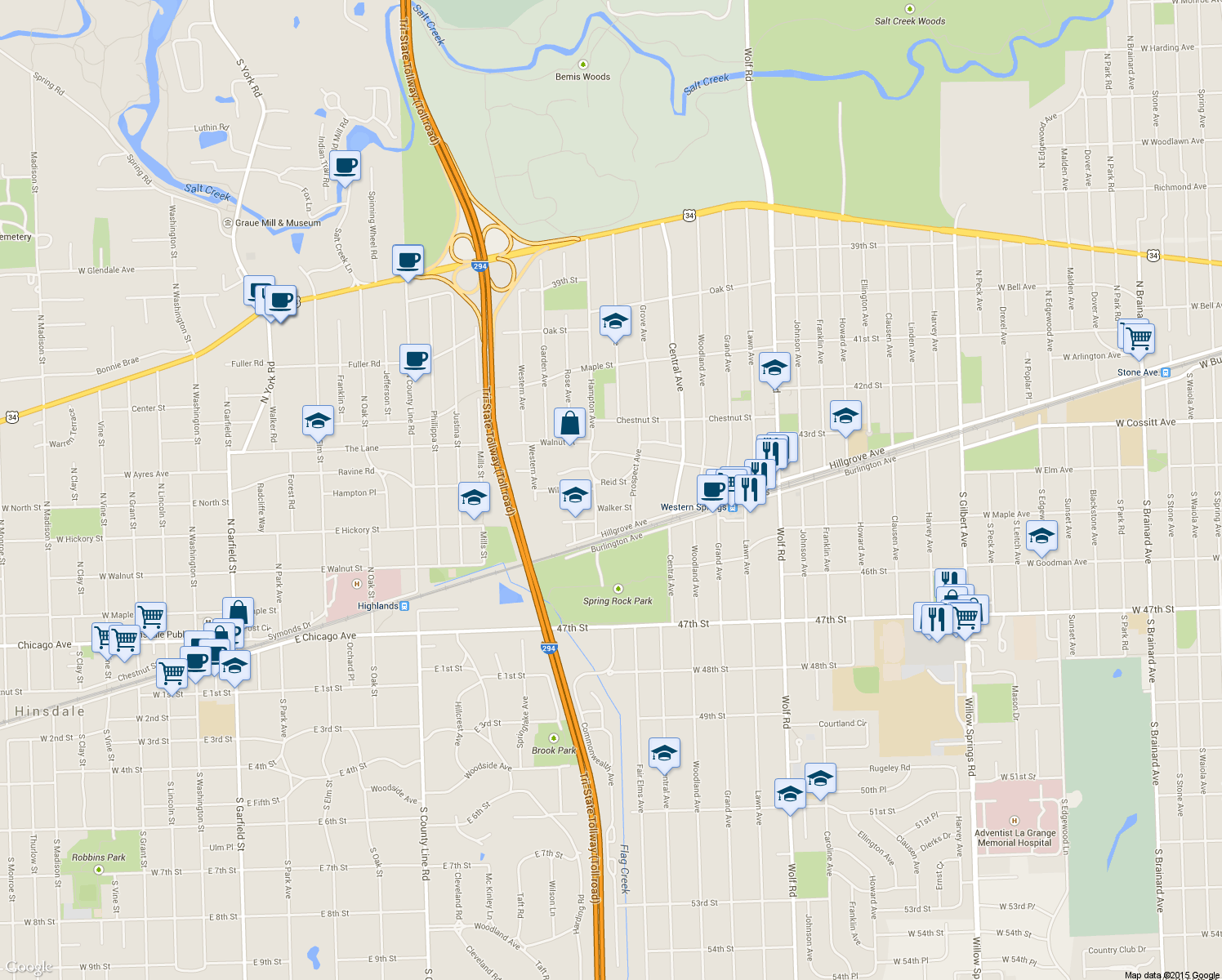 map of restaurants, bars, coffee shops, grocery stores, and more near 1321 Reid Street in Western Springs