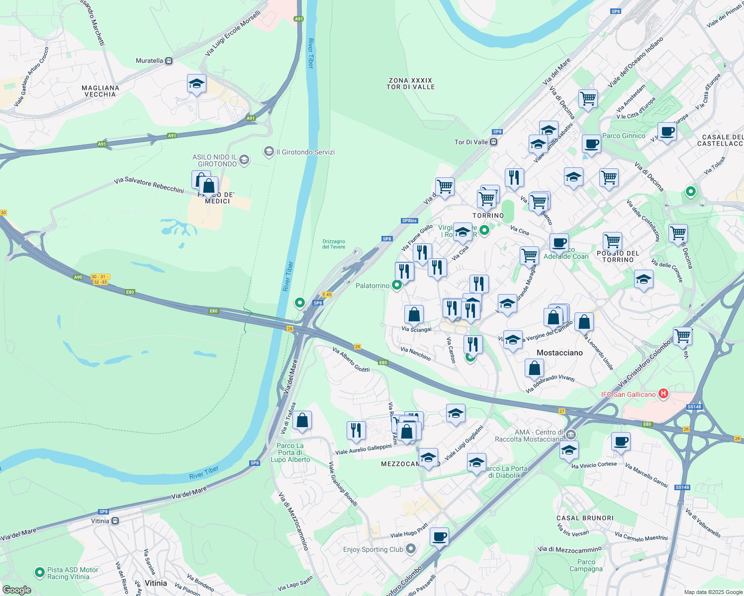 map of restaurants, bars, coffee shops, grocery stores, and more near 53 Via Sciangai in Roma
