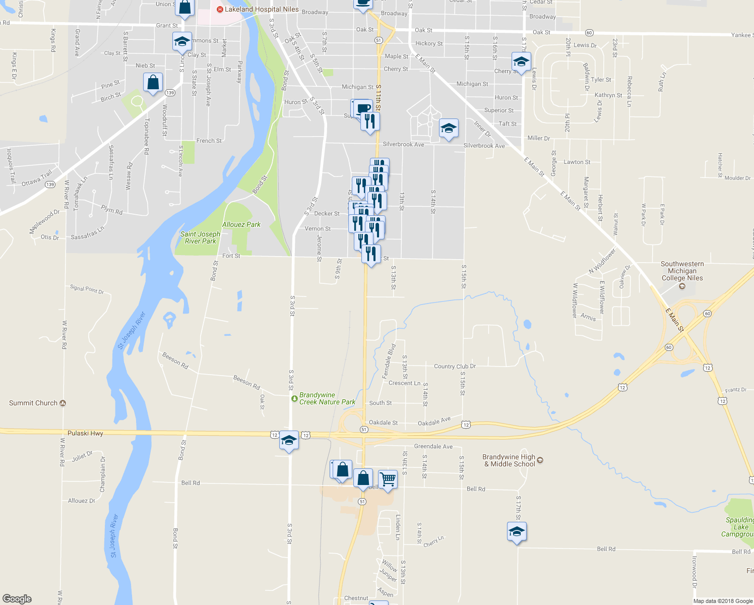 map of restaurants, bars, coffee shops, grocery stores, and more near 1108 Brandywine Street in Niles