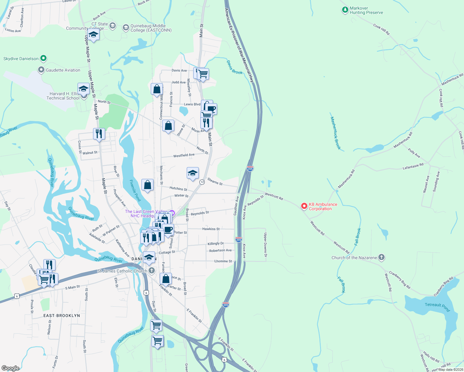 map of restaurants, bars, coffee shops, grocery stores, and more near 92 Stearns Street in Killingly