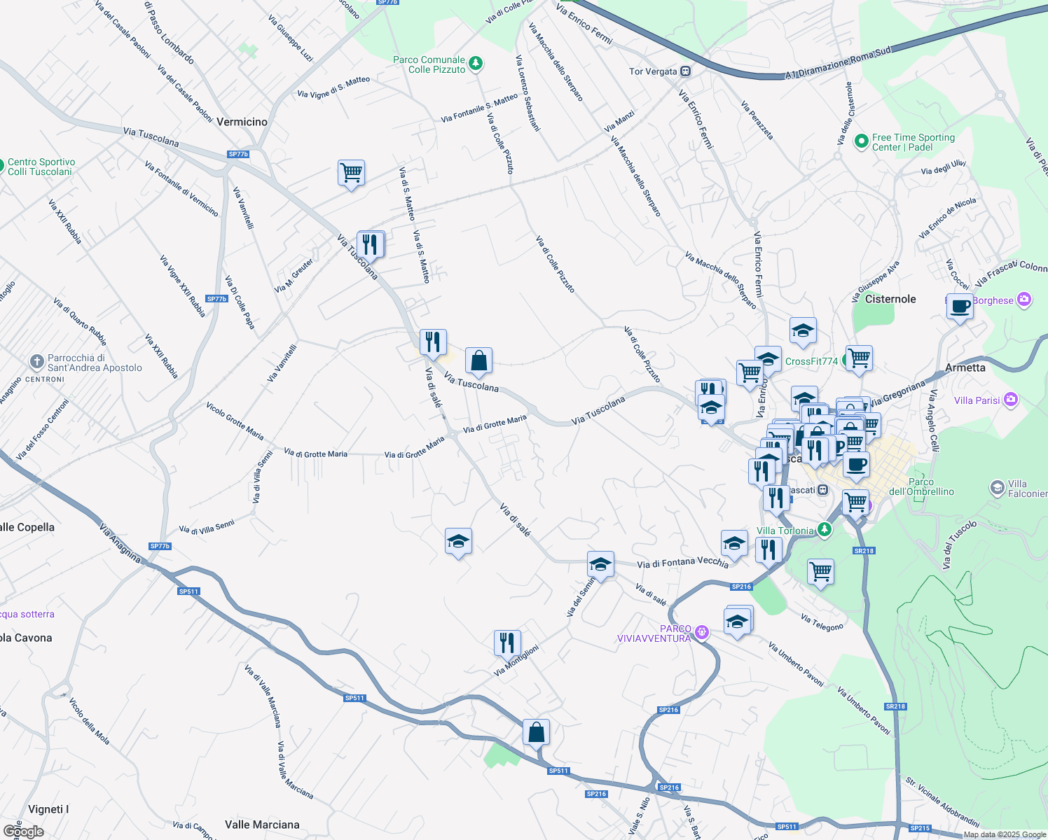 map of restaurants, bars, coffee shops, grocery stores, and more near 1 Via di Grotte Maria in Frascati