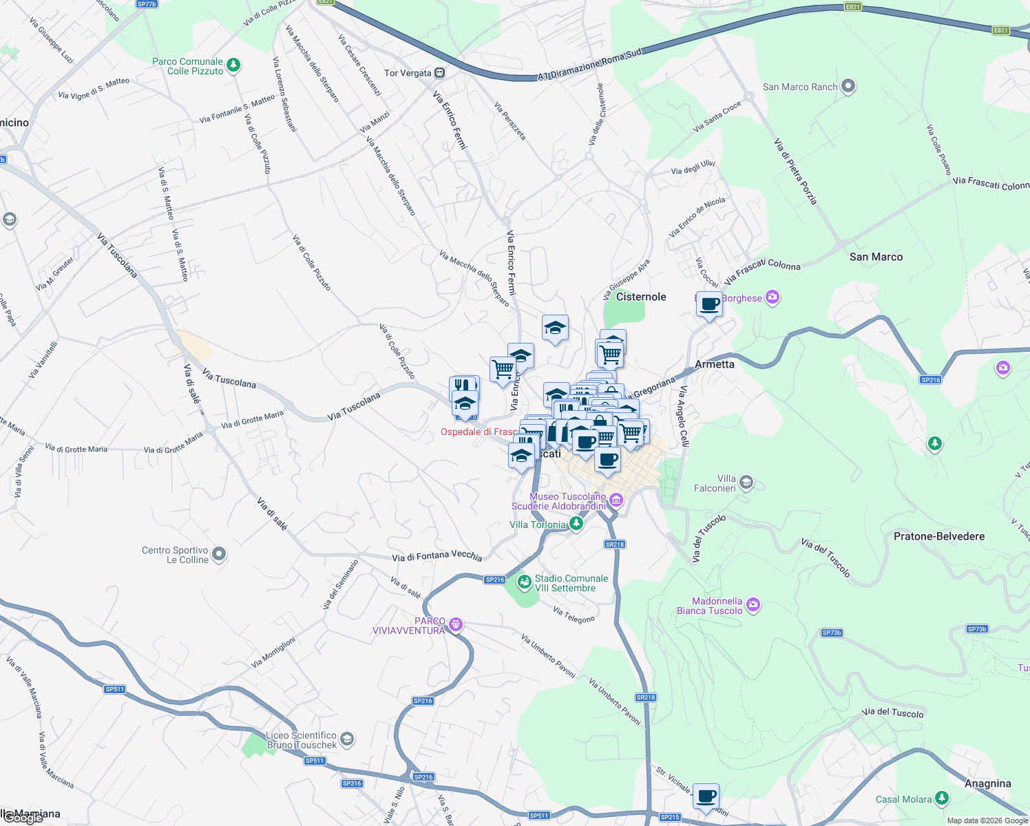 map of restaurants, bars, coffee shops, grocery stores, and more near 10 Via Enrico Fermi in Frascati