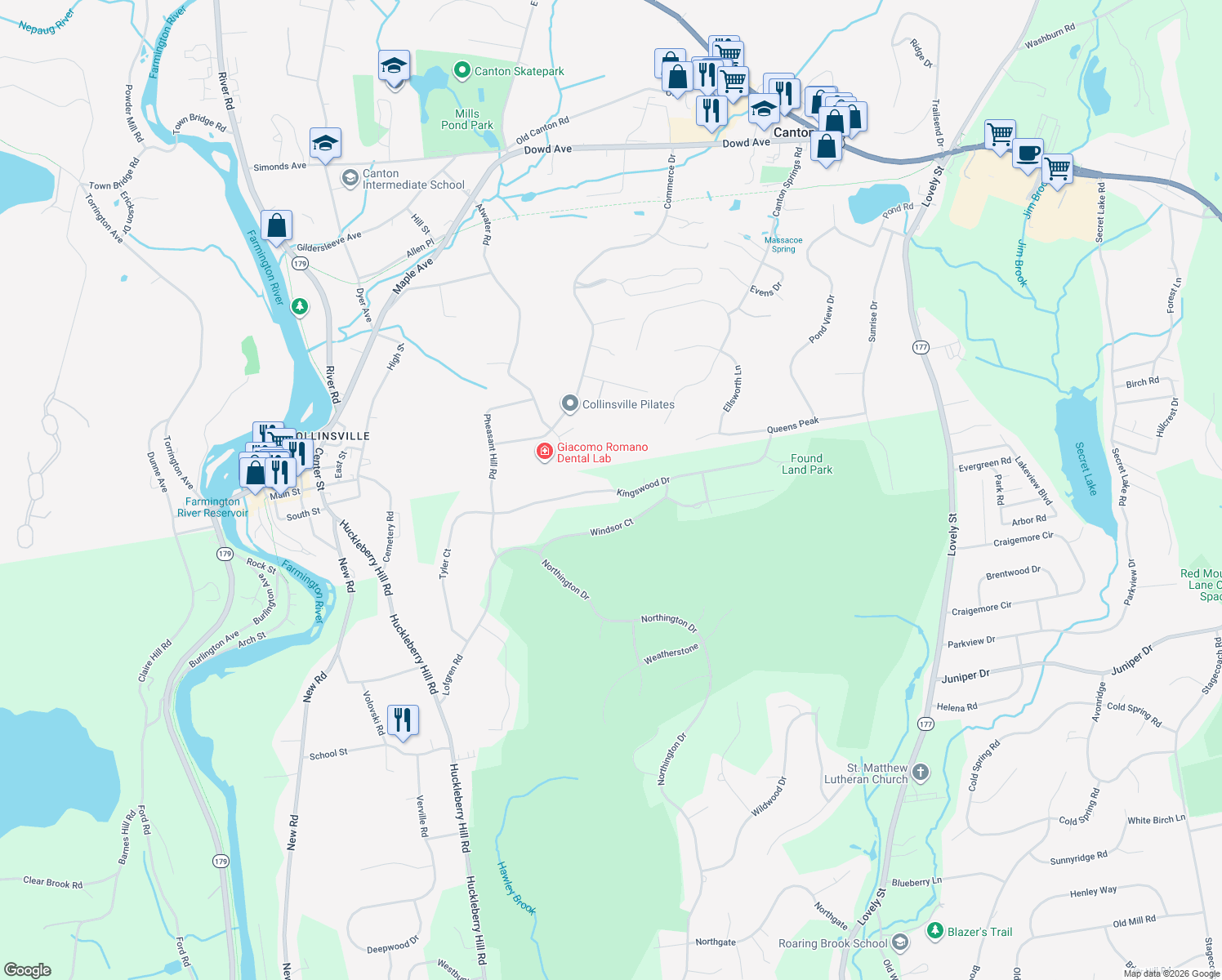 map of restaurants, bars, coffee shops, grocery stores, and more near 134 Kingswood Dr in Avon