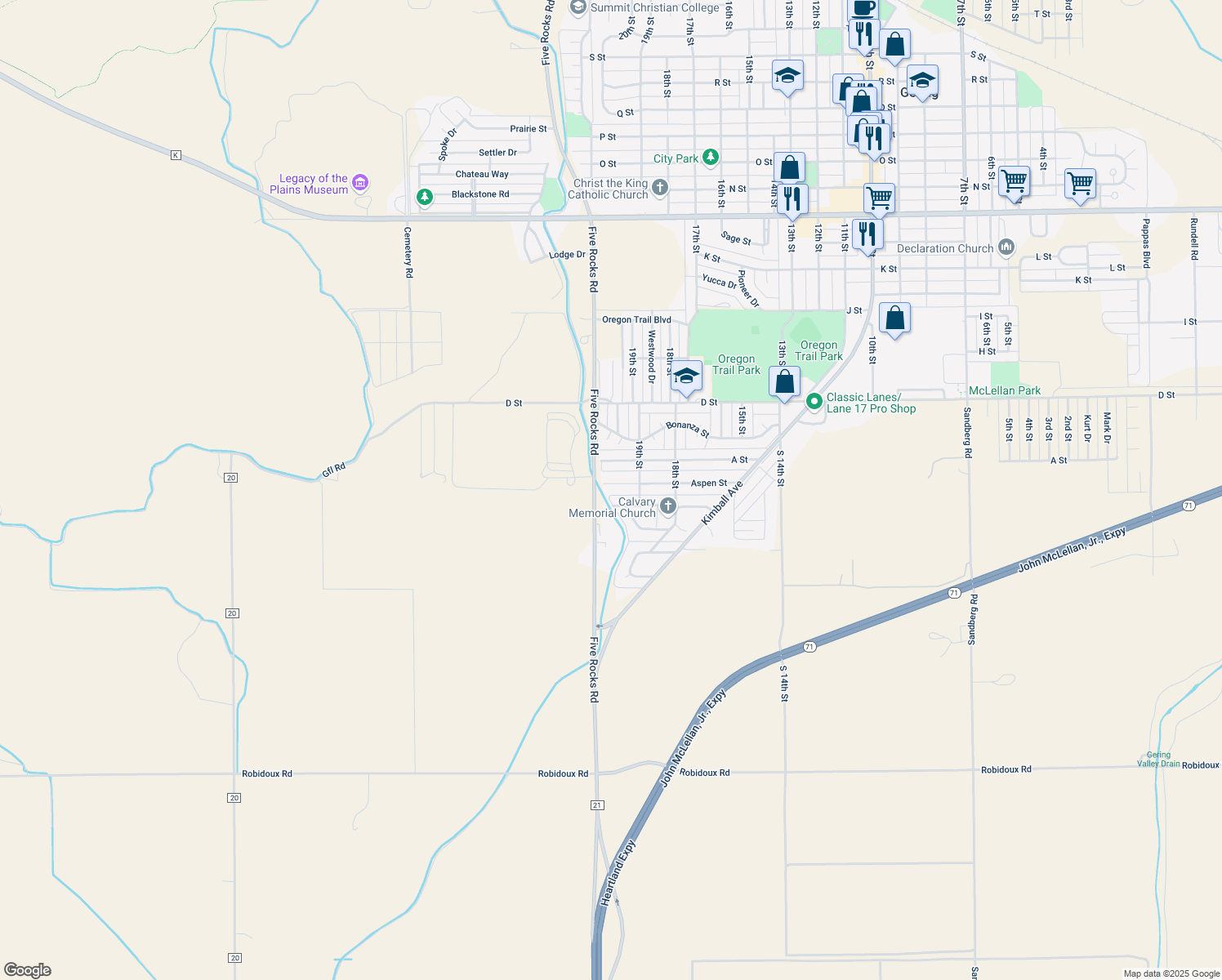 map of restaurants, bars, coffee shops, grocery stores, and more near 1955 Aspen St in Gering