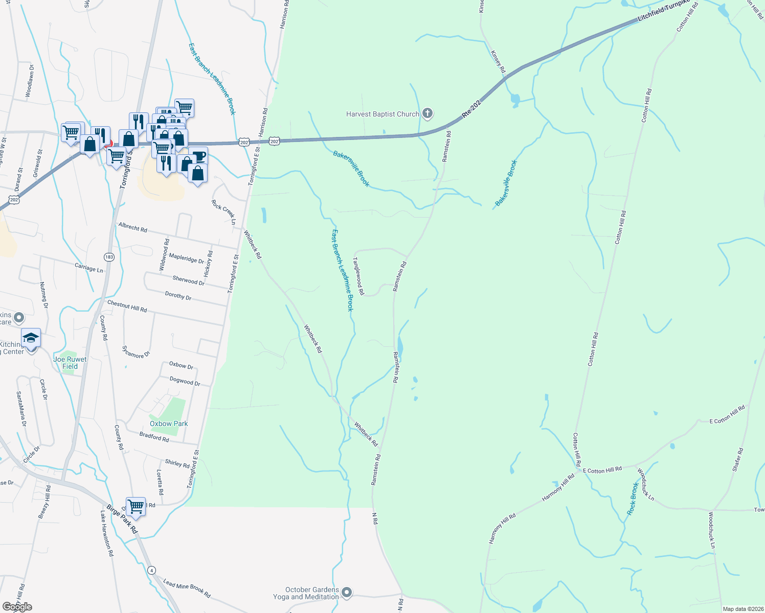 map of restaurants, bars, coffee shops, grocery stores, and more near 108 Tanglewood Road in New Hartford