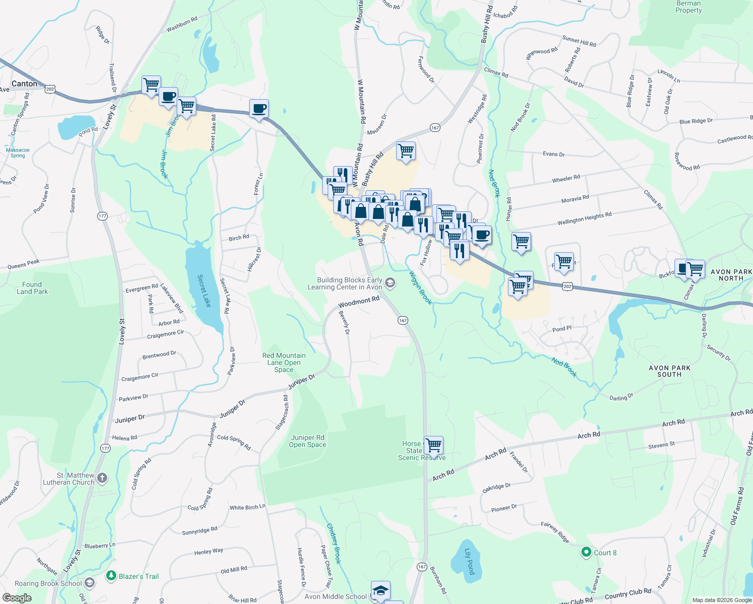 map of restaurants, bars, coffee shops, grocery stores, and more near 7 Woodmont Road in Avon