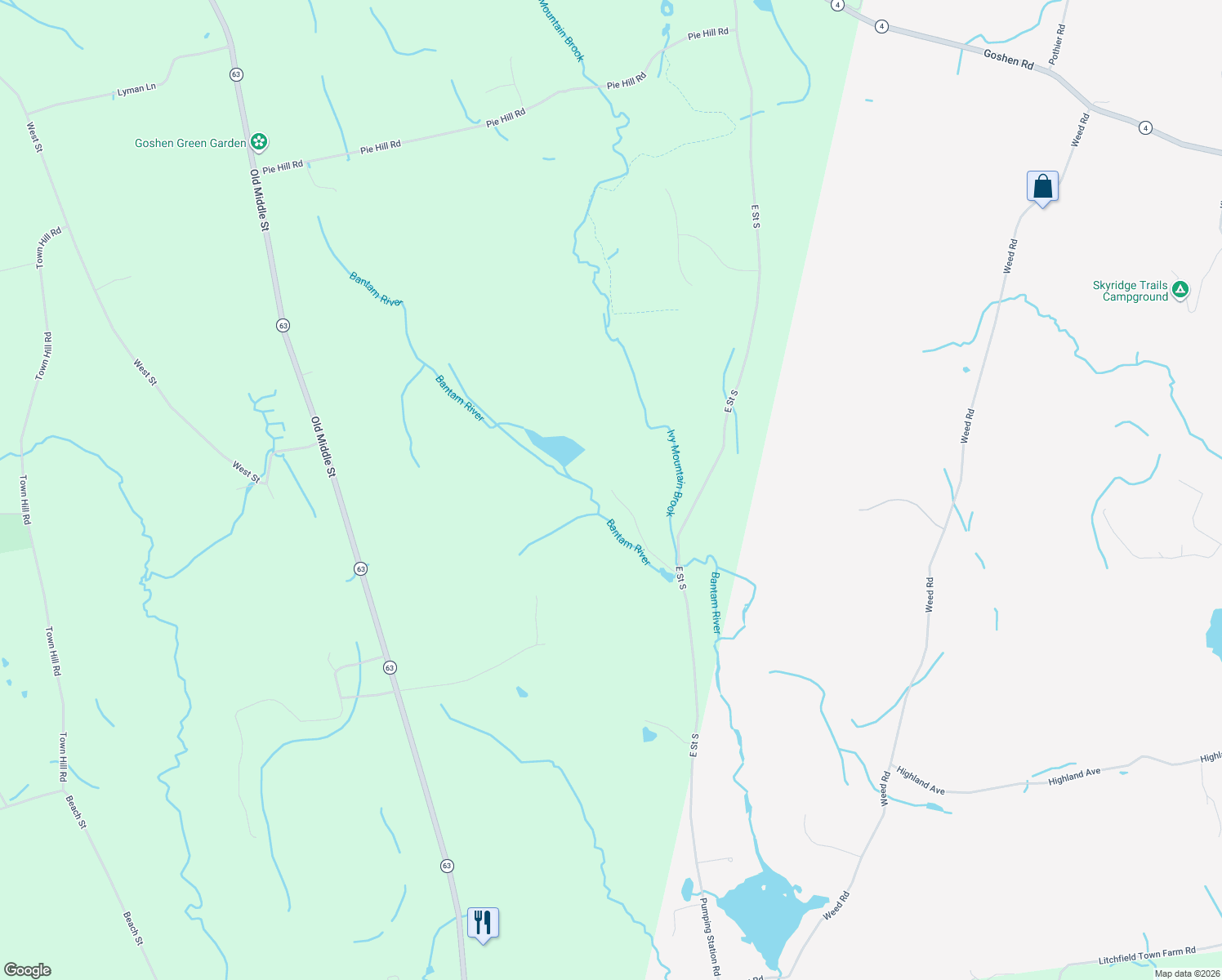 map of restaurants, bars, coffee shops, grocery stores, and more near 99 Reservoir Road in Goshen