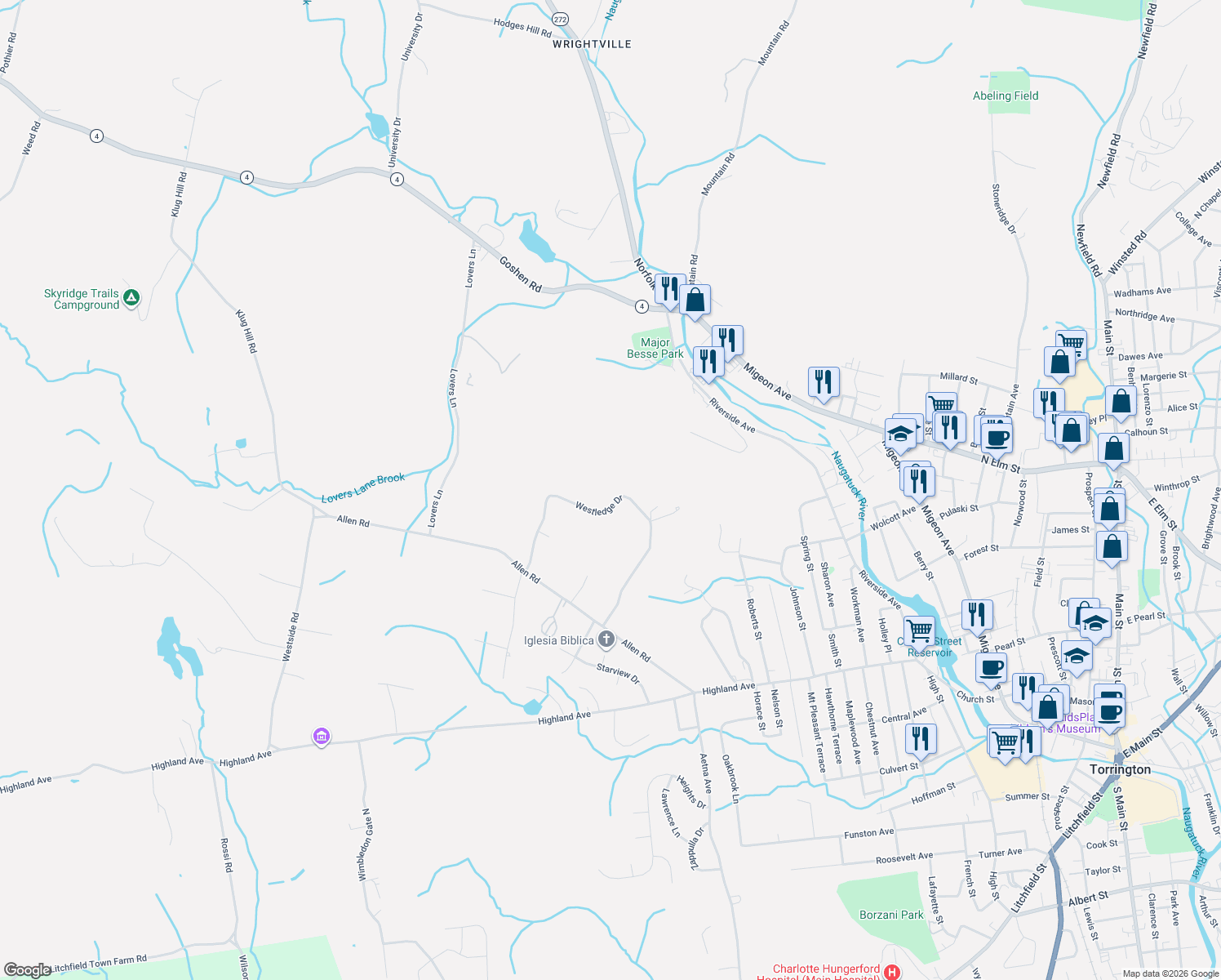 map of restaurants, bars, coffee shops, grocery stores, and more near 305 Westledge Drive in Torrington