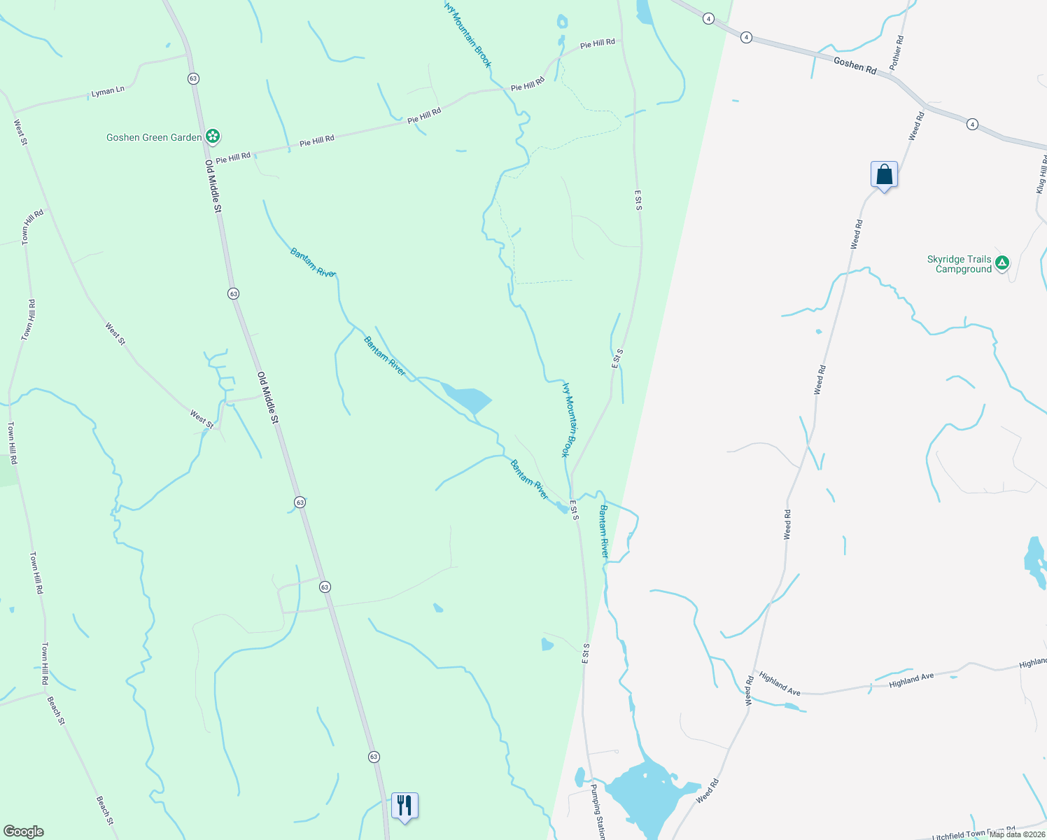 map of restaurants, bars, coffee shops, grocery stores, and more near 99 Reservoir Road in Goshen