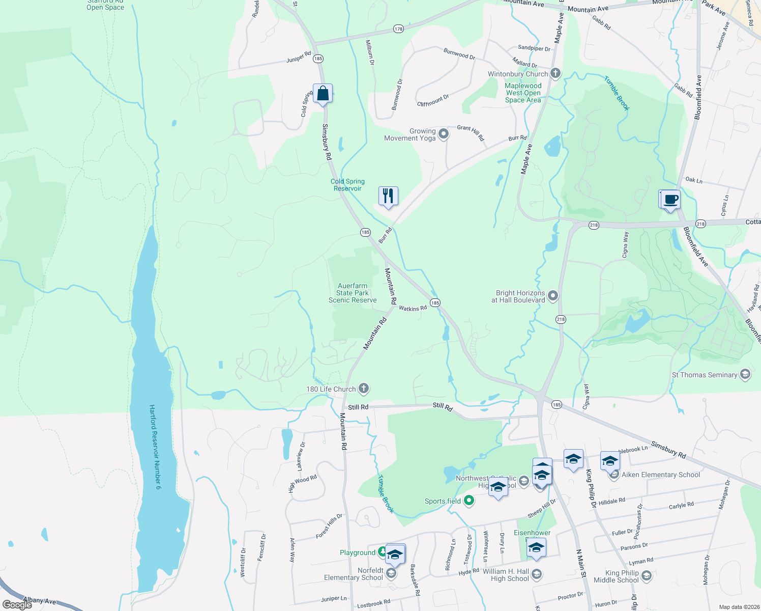 map of restaurants, bars, coffee shops, grocery stores, and more near 64 Cider Hill Road in Bloomfield