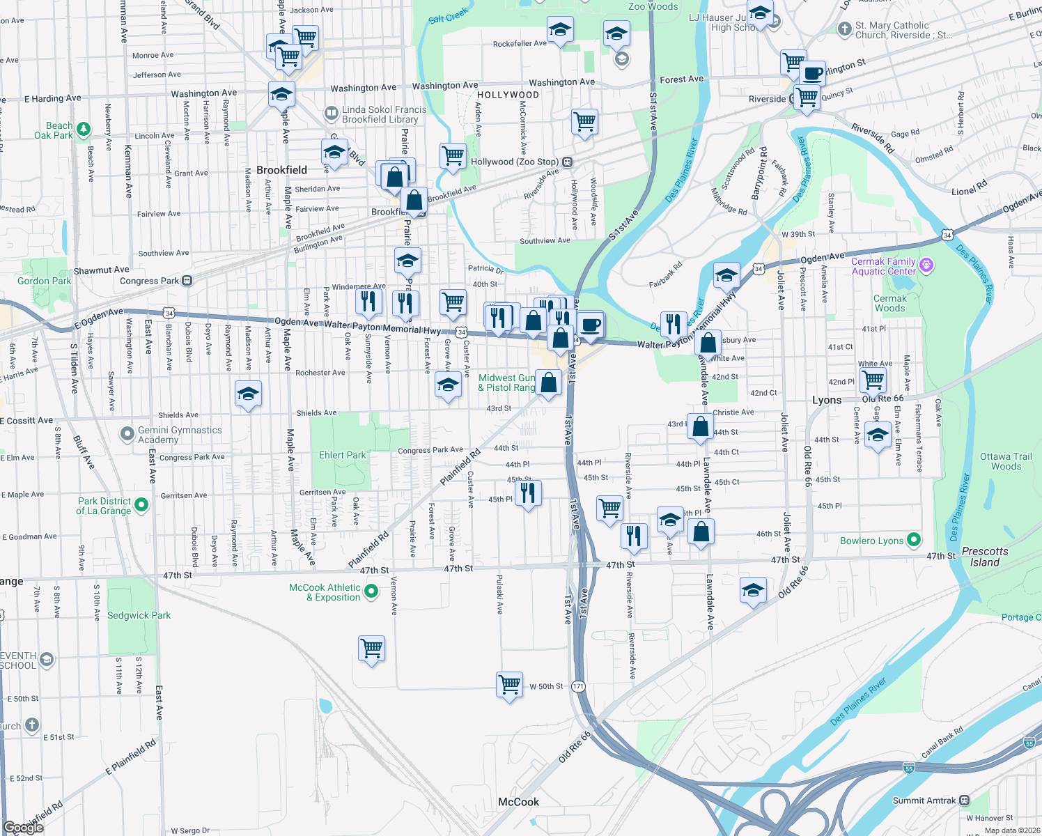 map of restaurants, bars, coffee shops, grocery stores, and more near 8639 Plainfield Rd in Lyons