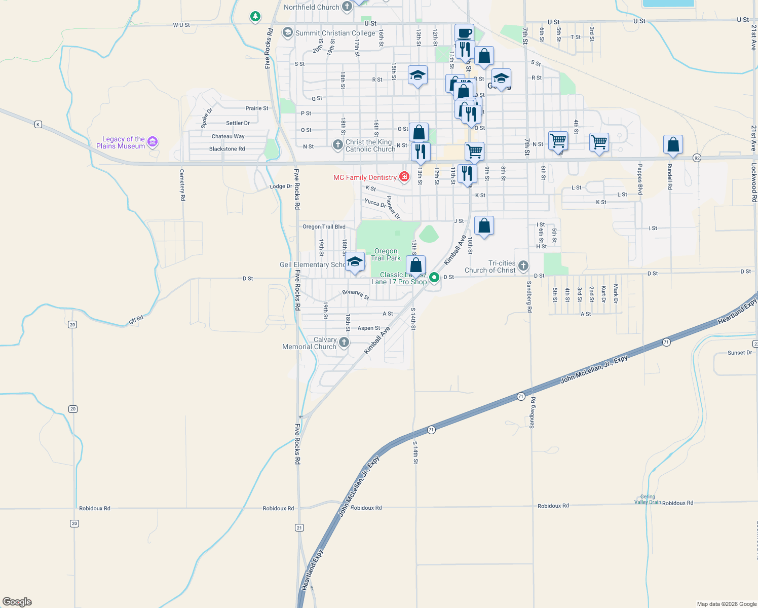 map of restaurants, bars, coffee shops, grocery stores, and more near 1585 Bonanza Street in Gering