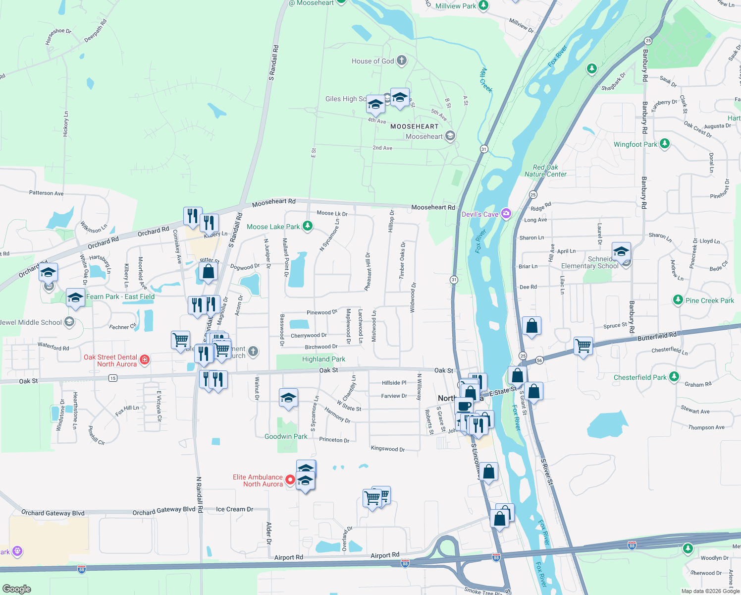 map of restaurants, bars, coffee shops, grocery stores, and more near 381 Pheasant Hill Dr in North Aurora