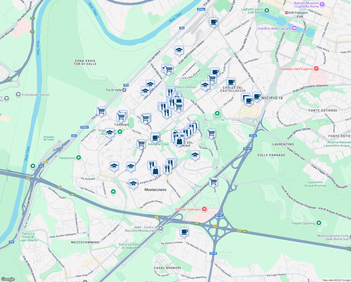 map of restaurants, bars, coffee shops, grocery stores, and more near 111 Via dell'Orsa Minore in Roma