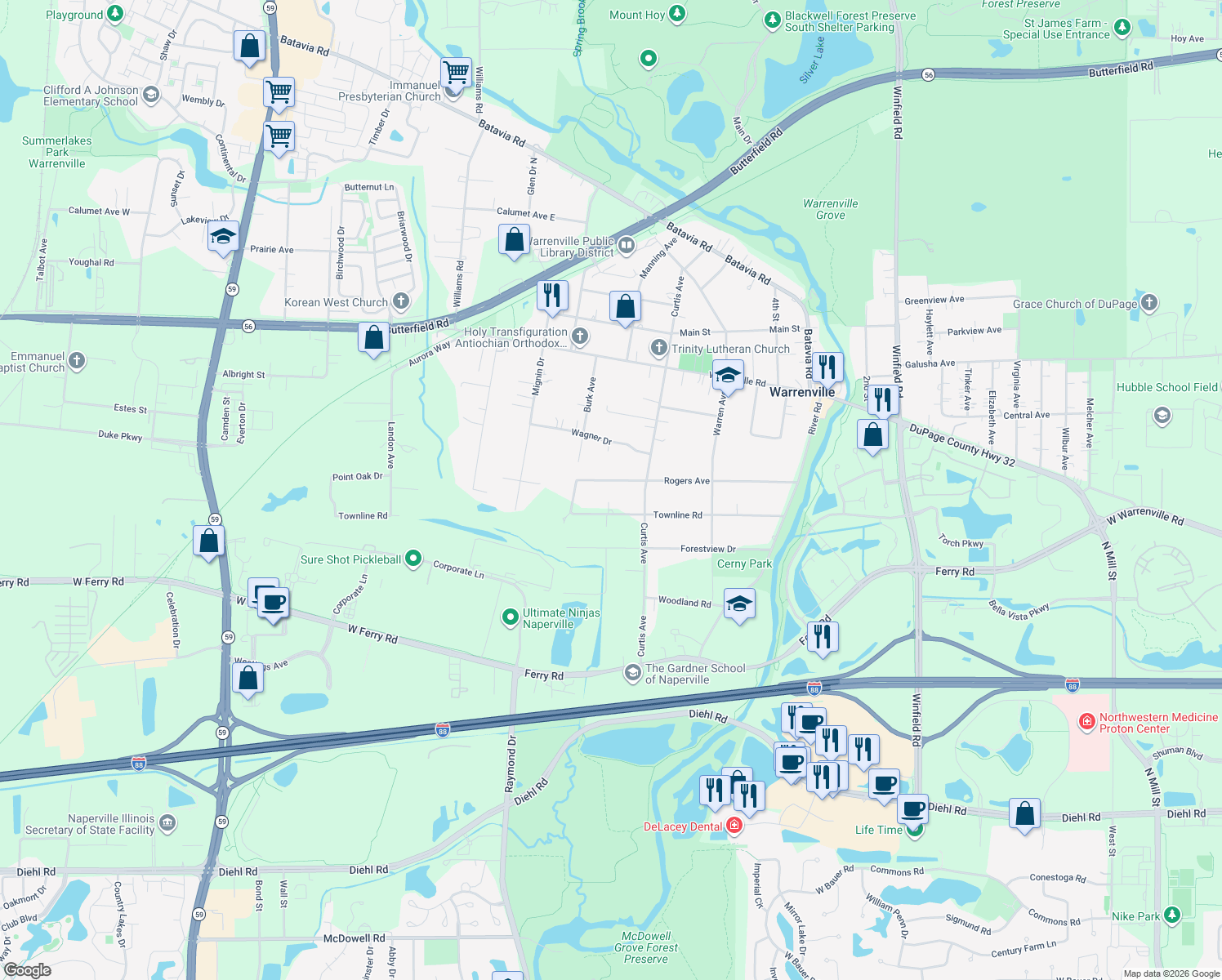 map of restaurants, bars, coffee shops, grocery stores, and more near 28W705 Rogers Avenue in Warrenville