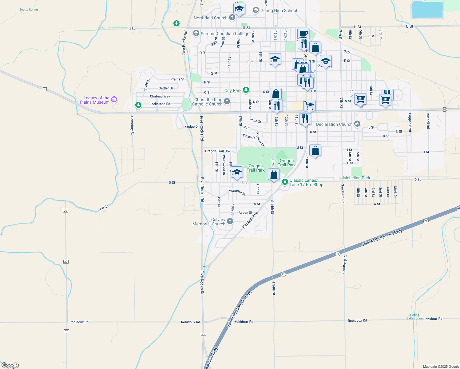 map of restaurants, bars, coffee shops, grocery stores, and more near 1825 D St in Gering