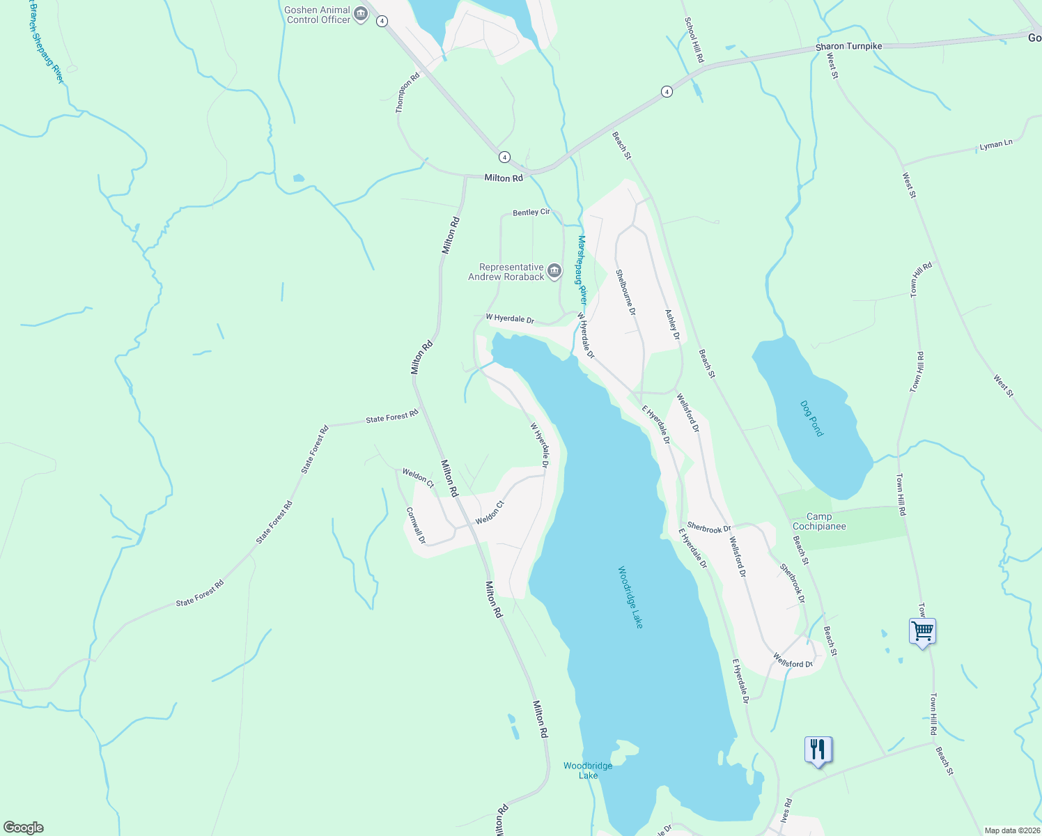 map of restaurants, bars, coffee shops, grocery stores, and more near 218 West Hyerdale Drive in Goshen