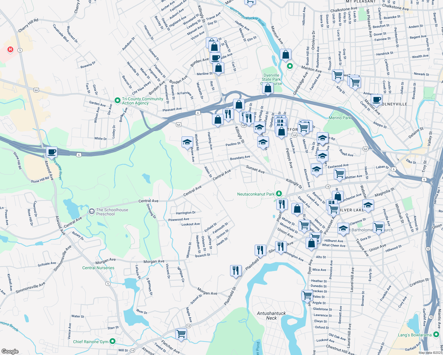 map of restaurants, bars, coffee shops, grocery stores, and more near 140 Central Avenue in Johnston