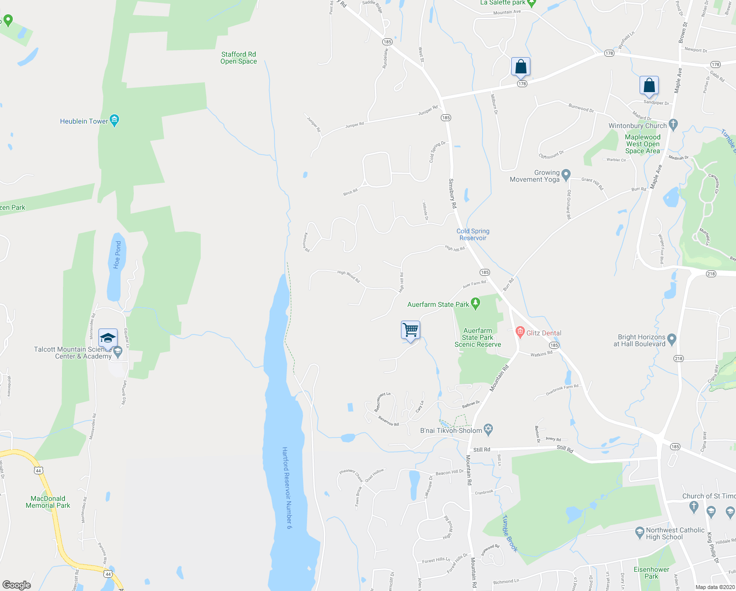 map of restaurants, bars, coffee shops, grocery stores, and more near 1 High Ledge Road in Bloomfield